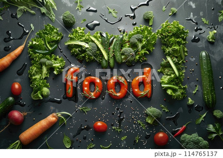 Fresh Broccoli, Tomatoes, and Radishes on Dark Textured Surface 114765137