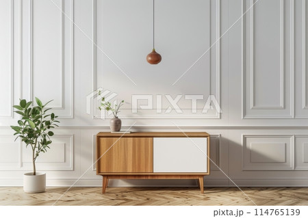 White Room With Wooden Cabinet and Potted Plant 114765139