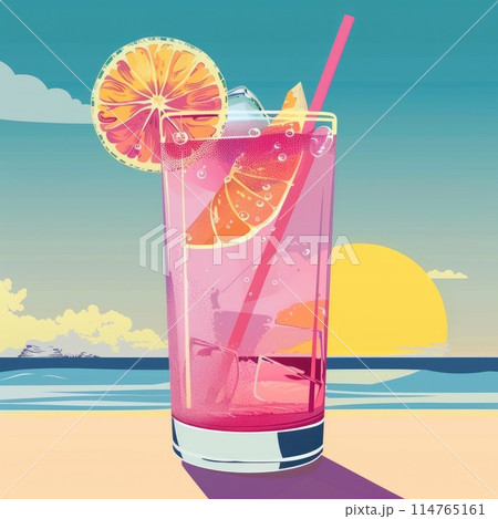 A serene sunset and palm trees backdrop this chilled cocktail 114765161