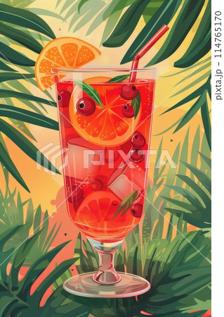 Tropical Cocktail Amidst Lush Foliage - Refreshing Summer Beverage Illustration 114765170