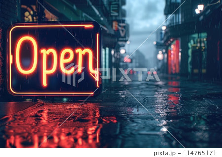 Neon 'Open' Sign Illuminating Rainy City Street at Night 114765171