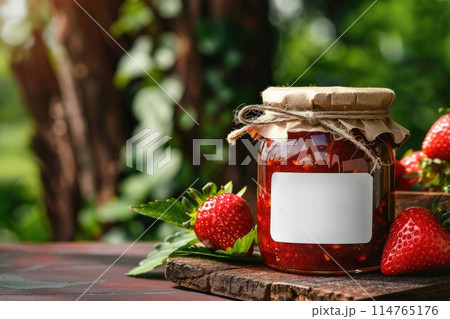 Homemade Strawberry Jam in Glass Jar on Wooden Surface with Fresh Berries 114765176
