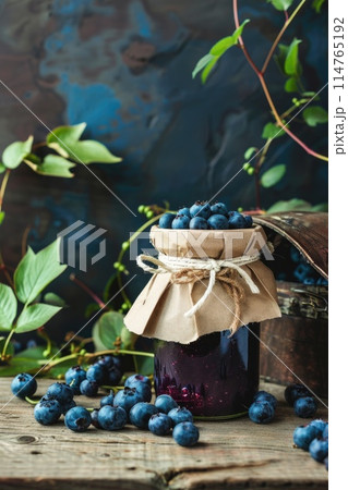 Homemade Blueberry Jam in Glass Jar on Rustic Wooden Table Homemade Blueberry Jam in Glass Jar on Rustic Wooden Table 114765192