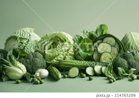 Fresh Green Vegetables Assortment on Calming Background Fresh Green Vegetables Assortment on Calming Background 114765209