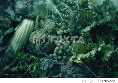 Verdant Variety of Fresh Green Vegetables and Fruits Close-Up 114765222