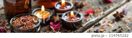 An array of scented candles and a potpourri of spices and dried flowers 114765282