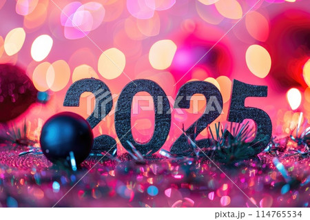 Sparkling New Year 2025 Celebration with Festive Decorations 114765534