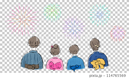 穿著浴衣的家庭後視圖、煙火、夏日祭品、簡單的手繪插畫 114765569