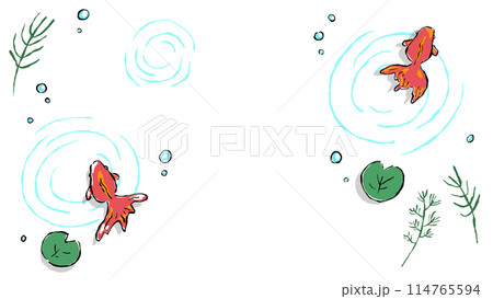 金魚と水の波紋の背景フレーム、筆書きのシンプルな和風の手描きイラスト 114765594