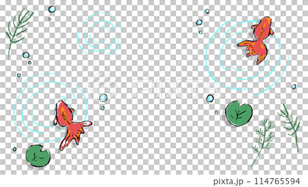 金魚と水の波紋の背景フレーム、筆書きのシンプルな和風の手描きイラスト 114765594