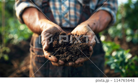 Farmer holding handful of dark soil with compost. Farmer holding handful of dark soil with compost. 114765648