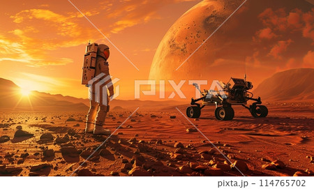 Astronaut and rover on the red planet Mars 114765702