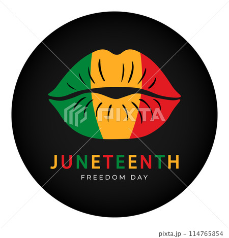 Black circle icon with colored lips and text Juneteenth. Celebration of Juneteenth, Freedom day. Flat design. Great for t-shirt or badge design. Vector illustration Black circle icon with colored lips and text Juneteenth. Celebration of Juneteenth, Freedom day. Flat design. Great for t-shirt or badge design. Vector illustration 114765854