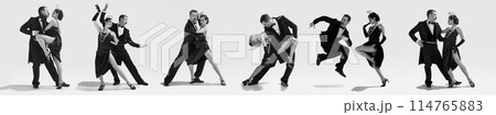 Dynamic collage. Talented couple of dancers in vintage stage evening attires dancing tango in black and white filter. 114765883