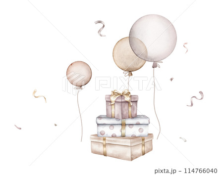 Watercolor Air Balloons and exploding confetti on isolated background. Hand drawn illustration for greeting cards stack of gift boxes with bows for New Year and birthday pastel colors. 114766040