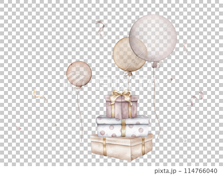 Watercolor Air Balloons and exploding confetti on isolated background. Hand drawn illustration for greeting cards stack of gift boxes with bows for New Year and birthday pastel colors. 114766040
