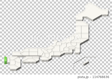 簡略化された3D日本地図 長崎県 アイソメトリック(影付き背景透過) 簡略化された3D日本地図 長崎県 アイソメトリック(影付き背景透過) 114766636