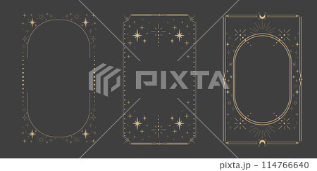 Golden celestial minimal esoteric frame, thin line border, mystyc linear decoration with dots, moon, stars corners isolated on dark background. Geometric shape, tarrot  114766640