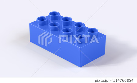Royal Blue Plastic Lego Block on a White Background. Children Toy Brick, Perspective View. Close Up View of a Game Block for Constructors. 3D Rendering. 8K Ultra HD, 7680x4320, 300 dpi 114766854