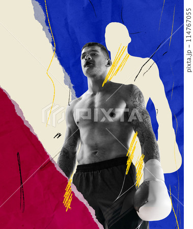Shirtless muscular man, boxing athlete in gloves showing readiness to fight and win. Abstract background. Contemporary art collage. 114767055