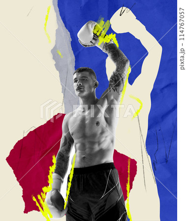 Champion. Muscular man, boxing athlete raising one hand upwards, showing victory. Abstract background. Contemporary art collage. Champion. Muscular man, boxing athlete raising one hand upwards, showing victory. Abstract background. Contemporary art collage. 114767057