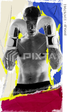 Shirtless concentrated man, boxing athlete in gloves standing defending stance, ready to fight against abstract background. Contemporary art collage. 114767061