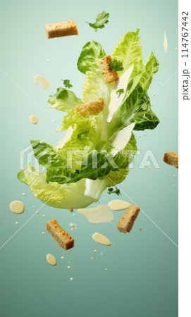 A Caesar salad with lettuce, croutons, and dressing is floating through the air 114767442