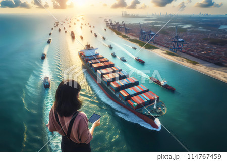 woman standing in front of container ship 114767459