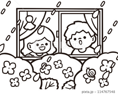 梅雨時期に部屋の中から雨を見つめる男の子とカタツムリを見て喜ぶ女の子の塗り絵 梅雨時期に部屋の中から雨を見つめる男の子とカタツムリを見て喜ぶ女の子の塗り絵 114767548