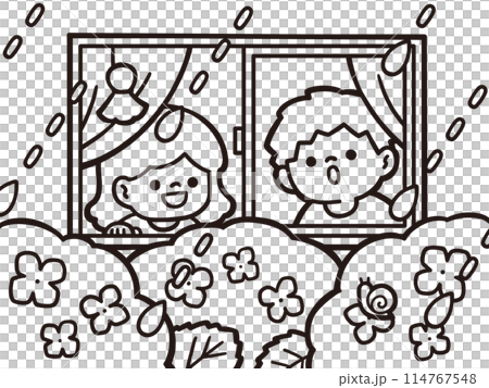 梅雨時期に部屋の中から雨を見つめる男の子とカタツムリを見て喜ぶ女の子の塗り絵 梅雨時期に部屋の中から雨を見つめる男の子とカタツムリを見て喜ぶ女の子の塗り絵 114767548