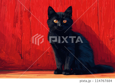 赤い壁の前にいる黒猫 114767884