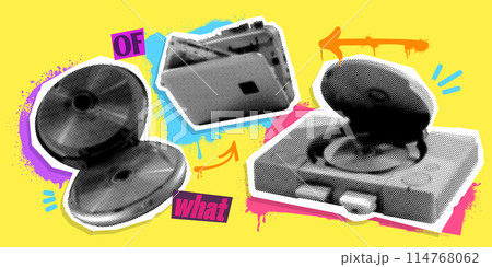 Poster. Contemporary art collage. Vintage electronic devices in black and white against yellow background. Cartoonish art style. 114768062
