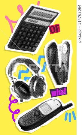 Poster. Contemporary art collage. Calculator, headphones, stapler, and cell phone against yellow background. Cartoonish art style. Poster. Contemporary art collage. Calculator, headphones, stapler, and cell phone against yellow background. Cartoonish art style. 114768064