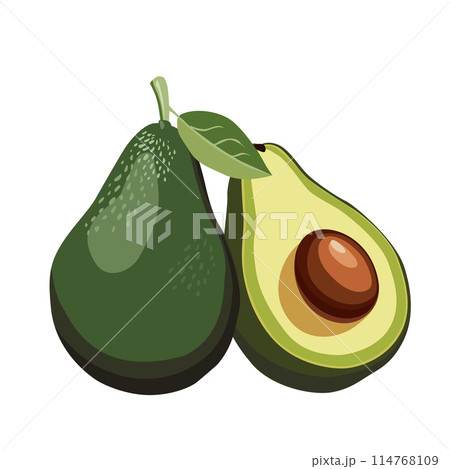 Fresh whole and half cut green avocado isolated on white background. Side view. Vector food clipart Fresh whole and half cut green avocado isolated on white background. Side view. Vector food clipart 114768109
