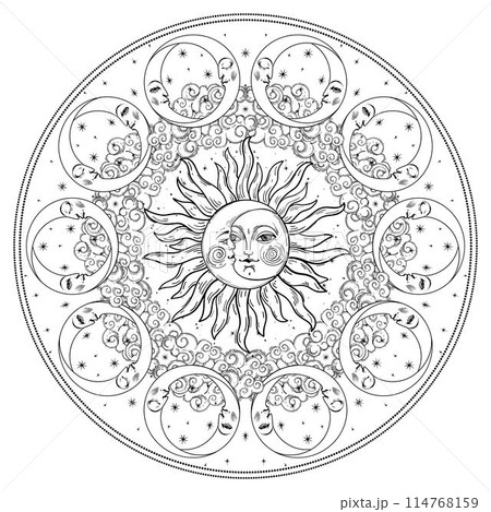 Heavenly coloring book with sun, moon, clouds and stars, line drawing for adults, magic mandala for meditation and calm. Universe vector illustration isolated on white background. Heavenly coloring book with sun, moon, clouds and stars, line drawing for adults, magic mandala for meditation and calm. Universe vector illustration isolated on white background. 114768159