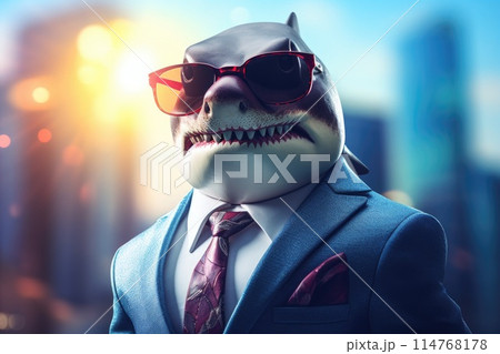 cool business shark with sunglasses on city background 114768178