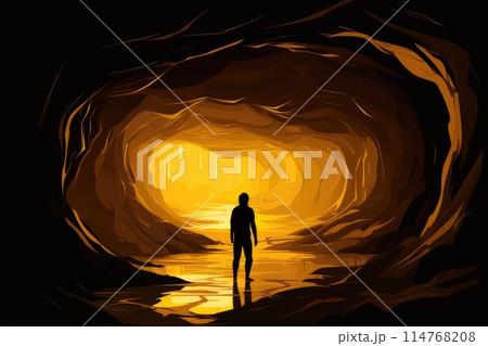 lonely person in golden natural cave illustration 114768208