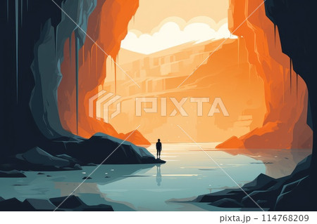 lost person in dark natural cave illustration 114768209
