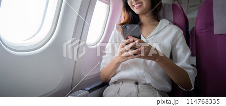Businesswoman working and traveling on airplane seat. Concept of travel and communication 114768335