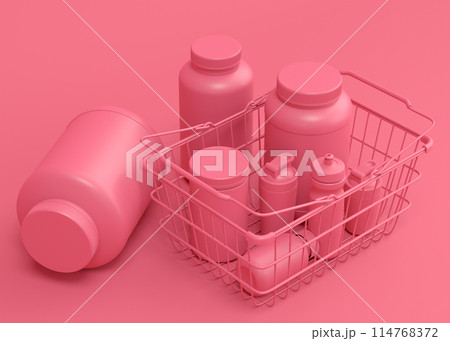 Sport equipment like sport shaker for protein drink in shopping basket 114768372
