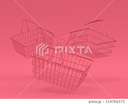 Set of flying metal wire basket for online shopping on monochrome 114768375