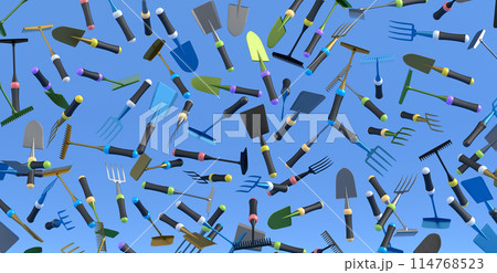 Many of flying garden shovel, pitchfork and rake on blue background 114768523