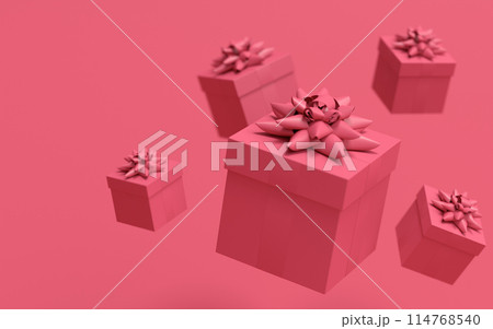 Gift boxes with ribbon and bow for Christmas flying and falling on monochrome Gift boxes with ribbon and bow for Christmas flying and falling on monochrome 114768540