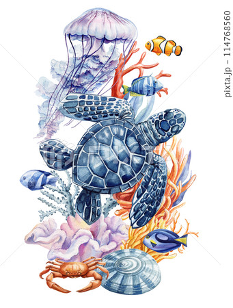 Animals underwater sea watercolor painting. Crab, turtle, starfish, seaweeds, fish and coral Isolated. Marine concept. 114768560