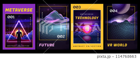 Retro futuristic posters with laser grid mountains, neon sunset, planet on wireframe background. 114768663