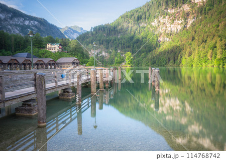 Passenger boat station, pier or dock on Konigsee lake in Berchtesgaden, Germany Passenger boat station, pier or dock on Konigsee lake in Berchtesgaden, Germany 114768742