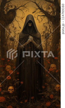 The Death. Skeleton wrapped in a black cloak with a hood folded arms among black trees and human skulls, vertical image. The Death. Skeleton wrapped in a black cloak with a hood folded arms among black trees and human skulls, vertical image. 114769160