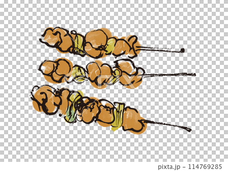 焼き鳥3本の手書きの和風筆書きイラスト 114769285