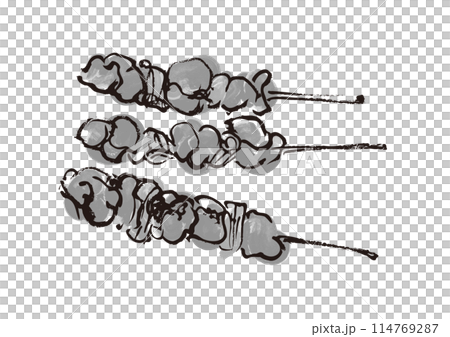 手繪日式畫筆插圖三件烤雞肉串，黑白，單色，單色 114769287
