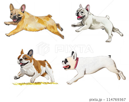 油絵タッチの疾走、ジャンプするフレンチブルドッグ、犬のイラストセット、絵画　　AI生成画像 114769367
